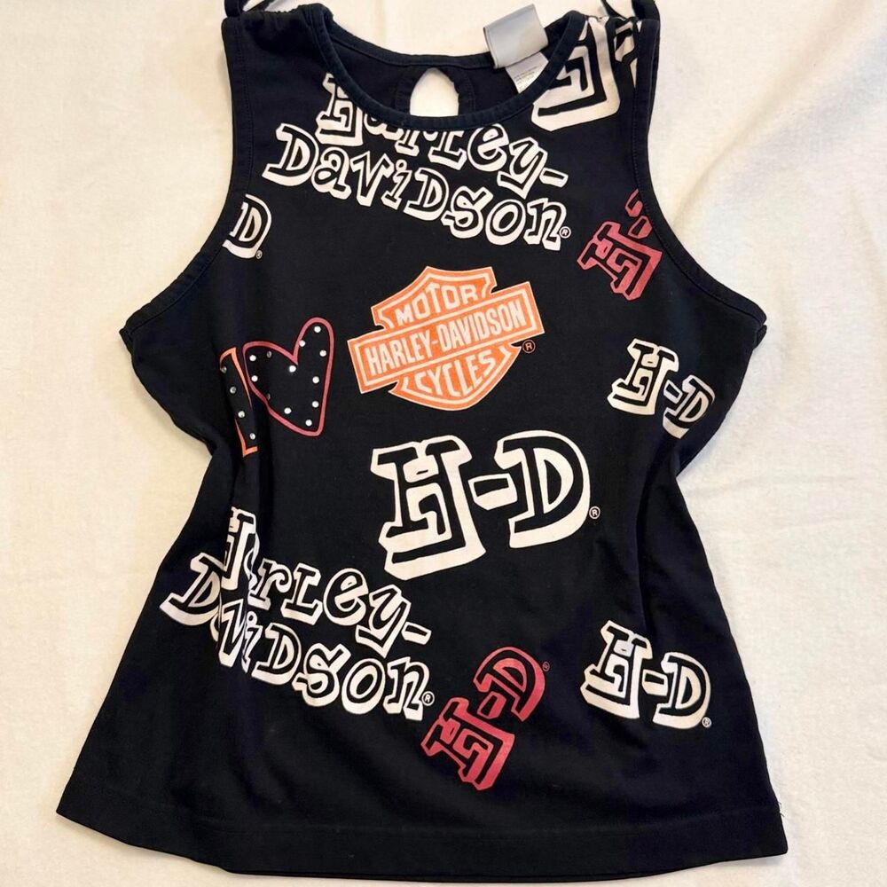vintage y2k harley davidson rhinestone and studded logo graphic tank top